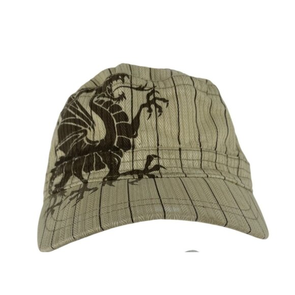 Dragon Graphic Khaki Striped Military Style Cap With Adjustable Back Strap - Picture 3 of 9